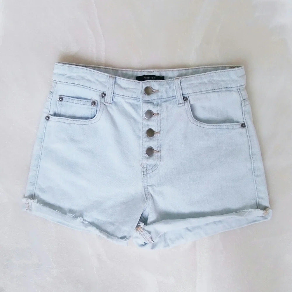 Forever 21 Light Wash Hi-Rise Buttonfly Shorts Fringe Coastal Cowgirl Indie